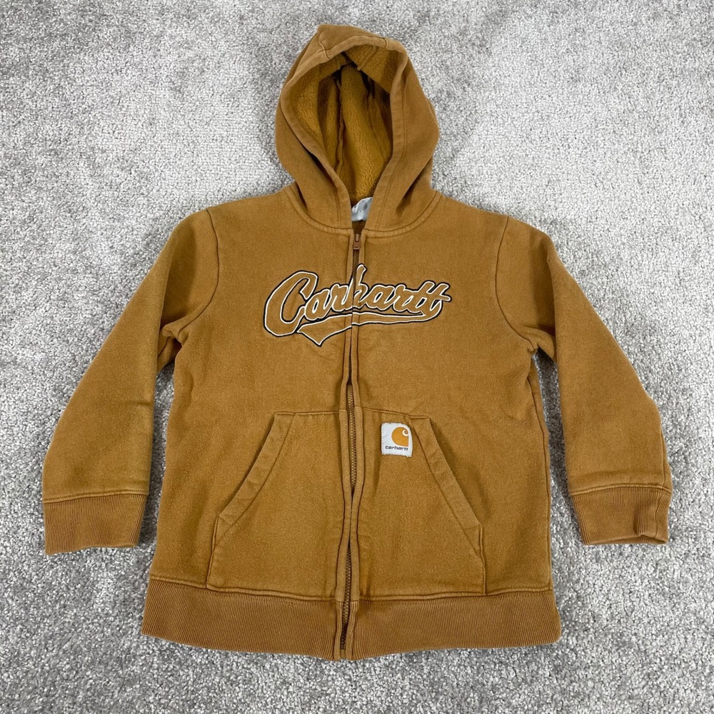 Carhartt Hoodie Kids Boys Size 7 Logo Full Zip Fleece Sweatshirt Brown Teddy